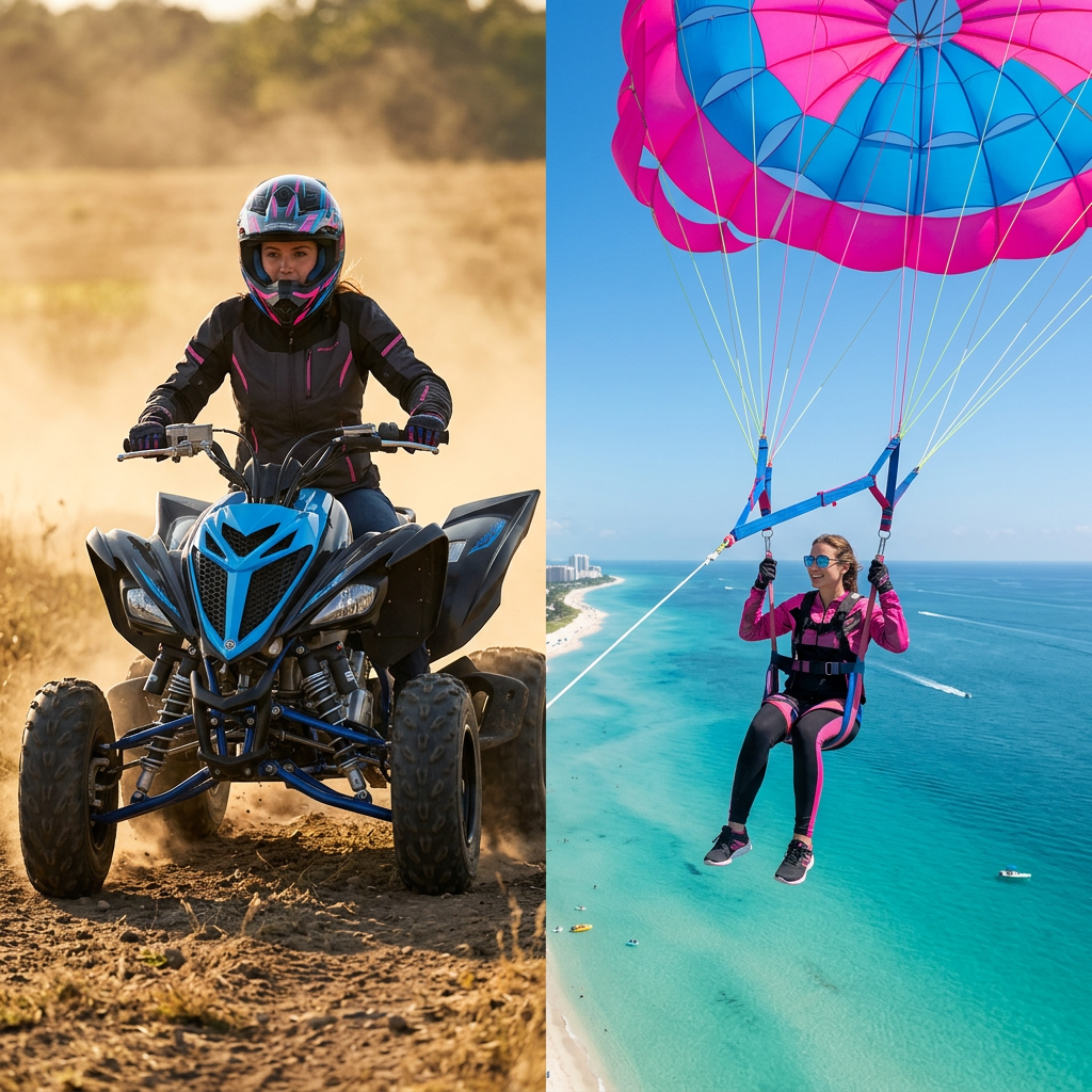 atv yHyper-realistic cinematic split-screen banner showing the same young adult person experiencing two adventures. On the left side, the person is riding an ATV through a dusty dirt trail in an open field, wearing a helmet with neon pink and electric blue accents, mud splashing, strong sunlight, dynamic motion. On the right side, the same person is parasailing high above crystal-clear ocean water in Miami, attached to a colorful parachute, smiling and feeling the wind, with a boat visible below. The split is clean and centered, showing a clear contrast between land and sea. The person looks like the same individual in both scenes, with matching outfit colors (pink accents) to create visual continuity. Lighting is warm and cinematic, ultra realistic, high detail, commercial photography style, 16:9 horizontal format, 4K resolution. Important: both scenes must look natural and realistic, not overly edited, with smooth blending between the two environments (dusty trail vs ocean sky).